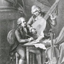 HGM93357 Portrait of Franz Joseph Haydn (1732-1809) and Wolfgang Amadeus Mozart (1756-91) composing music for the lute, engraved by Michele Benedetti (1745-1810) (engraving) (b/w photo); by Rigaud, John Francis (1742-1810) (after); Haags Gemeentemuseum, The Hague, Netherlands; French, out of copyright